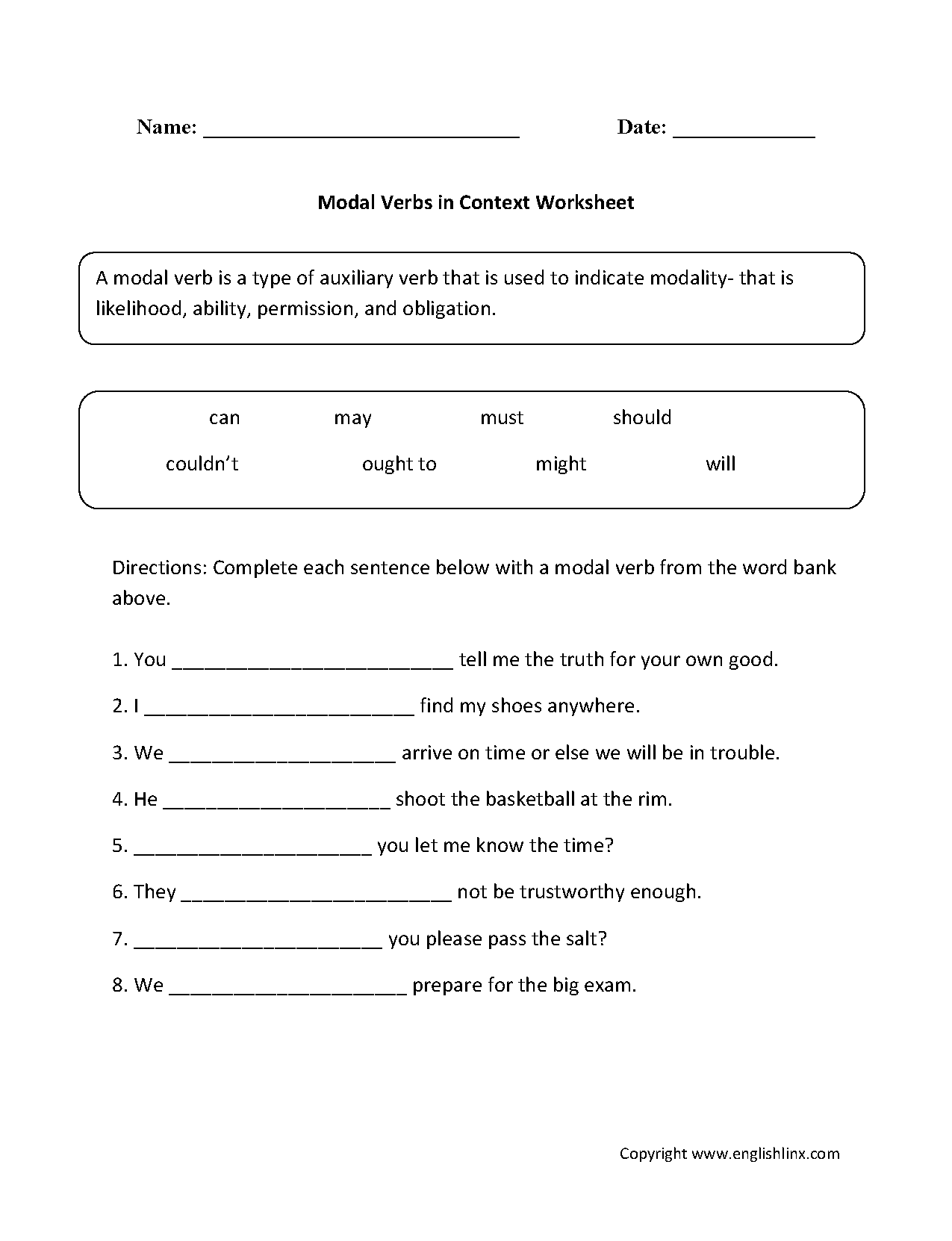Worksheet Of Modal Verbs For Grade 5