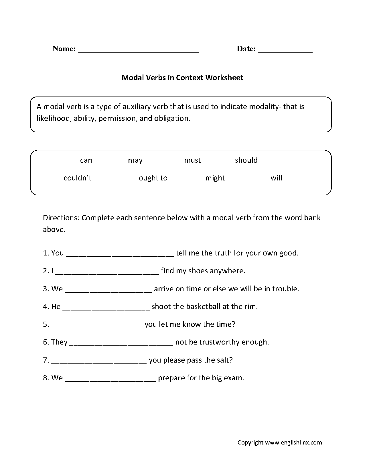 Modal Verbs Worksheet With Answers