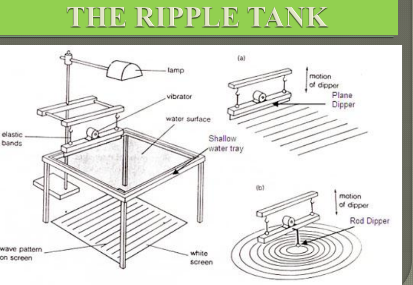 Ripple tank can produce plane and circular waves.When rippler is attached with a spherical ball and lowered so that it just touch the surface of water,circular waves are produced.Plane waves are produced when the plane rippler is used. 